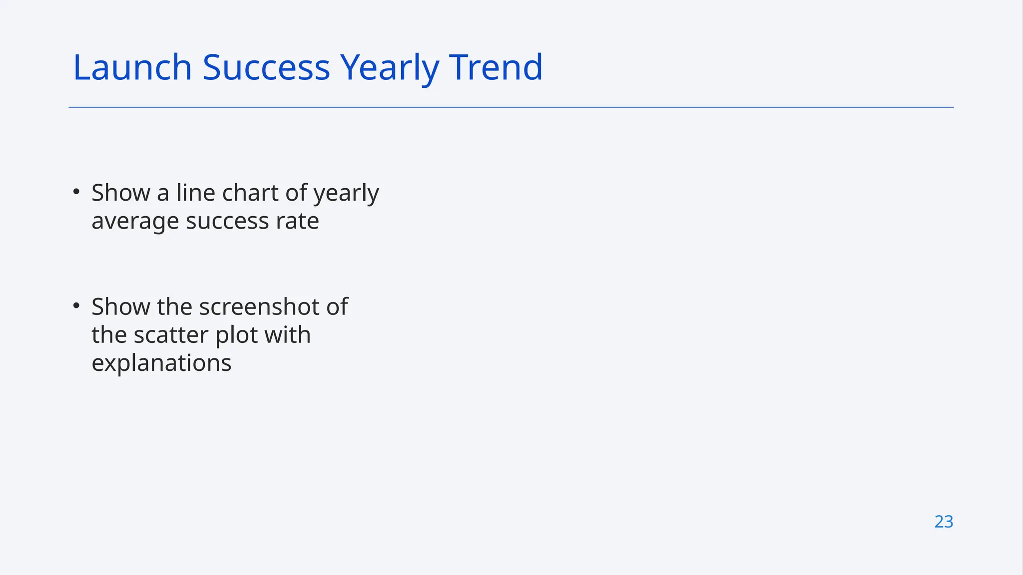 23
• Show a line chart of yearly
average success rate
• Show the screenshot of
the scatter plot with
explanations
Launch Success Yearly Trend
 