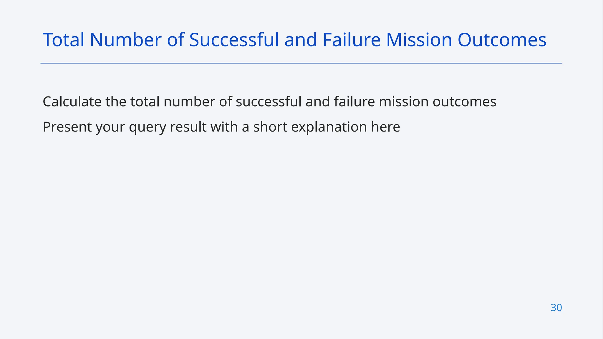 30
Calculate the total number of successful and failure mission outcomes
Present your query result with a short explanation here
Total Number of Successful and Failure Mission Outcomes
 