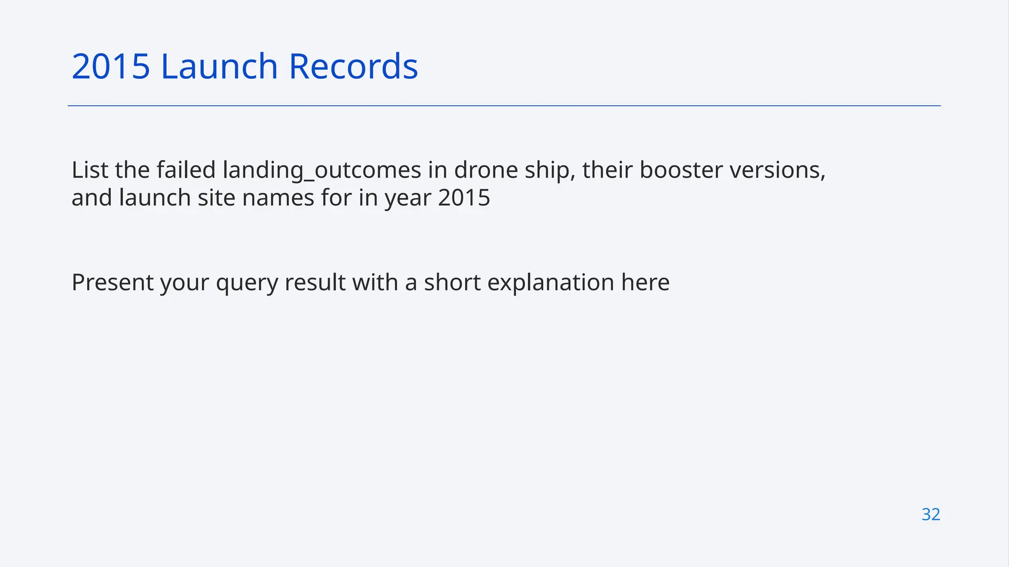 32
List the failed landing_outcomes in drone ship, their booster versions,
and launch site names for in year 2015
Present your query result with a short explanation here
2015 Launch Records
 
