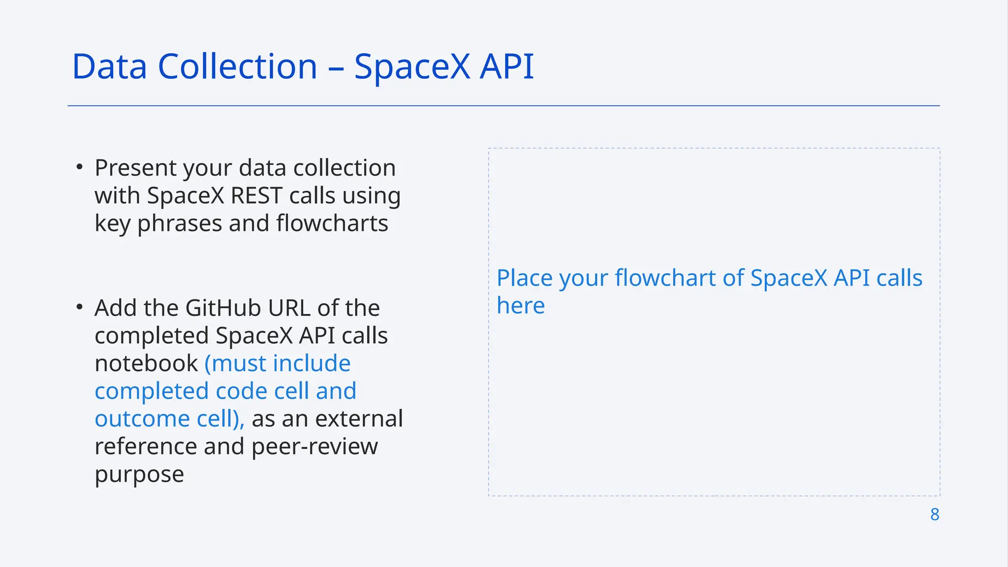 8
Place your flowchart of SpaceX API calls
here
• Present your data collection
with SpaceX REST calls using
key phrases and flowcharts
• Add the GitHub URL of the
completed SpaceX API calls
notebook (must include
completed code cell and
outcome cell), as an external
reference and peer-review
purpose
Data Collection – SpaceX API
 