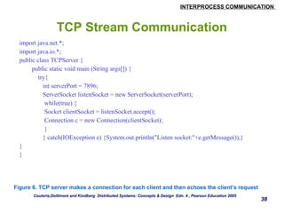 INTERPROCESS COMMUNICATION 
38 
TCP Stream Communication 
import java.net.*; 
import java.io.*; 
public class TCPServer { 
public static void main (String args[]) { 
try{ 
int serverPort = 7896; 
ServerSocket listenSocket = new ServerSocket(serverPort); 
while(true) { 
Socket clientSocket = listenSocket.accept(); 
Connection c = new Connection(clientSocket); 
} 
} catch(IOException e) {System.out.println("Listen socket:"+e.getMessage());} 
} 
} 
Figure 6. TCP server makes a connection for each client and then echoes the client’s request 
Couloris,Dollimore and Kindberg Distributed Systems: Concepts & Design Edn. 4 , Pearson Education 2005 
 
