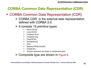 INTERPROCESS COMMUNICATION 
45 
CORBA Common Data Representation (CDR) 
 CORBA Common Data Representation (CDR) 
 CORBA CDR is the external data representation 
defined with CORBA 2.0. 
 It consists 15 primitive types: 
 Short (16 bit) 
 Long (32 bit) 
 Unsigned short 
 Unsigned long 
 Float(32 bit) 
 Double(64 bit) 
 Char 
 Boolean(TRUE,FALSE) 
 Octet(8 bit) 
 Any(can represent any basic or constructed type) 
 Composite type are shown in Figure 8. 
Couloris,Dollimore and Kindberg Distributed Systems: Concepts & Design Edn. 4 , Pearson Education 2005 
 