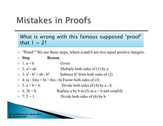 Discrete Structures: Winter 2014.
Dr. Sonia Hashish
 “Proof:" We use these steps, where a and b are two equal positive integers.
 Step Reason
 1. a = b Given
 2. a2= ab Multiply both sides of (1) by a
 3. a2 - b2 = ab - b2 Subtract b2 from both sides of (2)
 4. (a - b)(a + b) = b(a - b) Factor both sides of (3)
 5. a + b = b Divide both sides of (4) by a - b
 6. 2b = b Replace a by b in (5) as a = b and simplify
 7. 2 = 1 Divide both sides of (6) by b
What is wrong with this famous supposed “proof”
that 1 = 2?
What is wrong with this famous supposed “proof”
that 1 = 2?
 