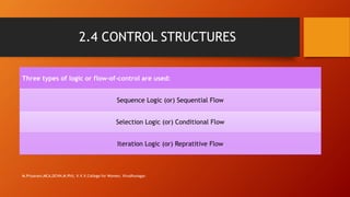 2.4 CONTROL STRUCTURES
Three types of logic or flow-of-control are used:
Sequence Logic (or) Sequential Flow
Selection Logic (or) Conditional Flow
Iteration Logic (or) Repratitive Flow
M.Priyavani,MCA,DCHN,M.Phil, V.V.V.College for Women, Virudhunagar.
 