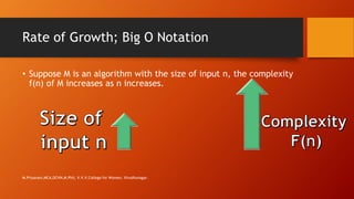 Rate of Growth; Big O Notation
• Suppose M is an algorithm with the size of input n, the complexity
f(n) of M increases as n increases.
M.Priyavani,MCA,DCHN,M.Phil, V.V.V.College for Women, Virudhunagar.
 