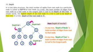 11. Depth
In a tree data structure, the total number of egdes from root node to a particular
node is called as DEPTH of that Node. In a tree, the total number of edges from
root node to a leaf node in the longest path is said to be Depth of the tree. In
simple words, the highest depth of any leaf node in a tree is said to be depth of
that tree. In a tree, depth of the root node is '0'.
 