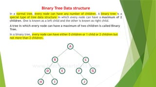 Binary Tree Data structure
In a normal tree, every node can have any number of children. A binary tree is a
special type of tree data structure in which every node can have a maximum of 2
children. One is known as a left child and the other is known as right child.
A tree in which every node can have a maximum of two children is called Binary
Tree.
In a binary tree, every node can have either 0 children or 1 child or 2 children but
not more than 2 children.
 