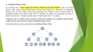 2. Complete Binary Tree
In a binary tree, every node can have a maximum of two children. But in strictly
binary tree, every node should have exactly two children or none and in complete
binary tree all the nodes must have exactly two children and at every level of
complete binary tree there must be 2level
number of nodes. For example at level 2
there must be 22
= 4 nodes and at level 3 there must be 23
= 8 nodes.
A binary tree in which every internal node has exactly two children and all leaf
nodes are at same level is called Complete Binary Tree.
Complete binary tree is also called as Perfect Binary Tree
 