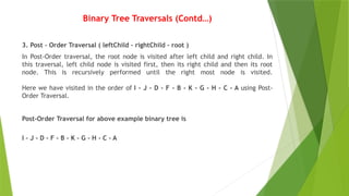 Binary Tree Traversals (Contd…)
3. Post - Order Traversal ( leftChild - rightChild - root )
In Post-Order traversal, the root node is visited after left child and right child. In
this traversal, left child node is visited first, then its right child and then its root
node. This is recursively performed until the right most node is visited.
Here we have visited in the order of I - J - D - F - B - K - G - H - C - A using Post-
Order Traversal.
Post-Order Traversal for above example binary tree is
I - J - D - F - B - K - G - H - C - A
 