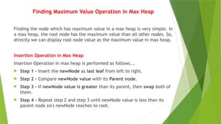 Finding Maximum Value Operation in Max Heap
Finding the node which has maximum value in a max heap is very simple. In
a max heap, the root node has the maximum value than all other nodes. So,
directly we can display root node value as the maximum value in max heap.
Insertion Operation in Max Heap
Insertion Operation in max heap is performed as follows...
 Step 1 - Insert the newNode as last leaf from left to right.
 Step 2 - Compare newNode value with its Parent node.
 Step 3 - If newNode value is greater than its parent, then swap both of
them.
 Step 4 - Repeat step 2 and step 3 until newNode value is less than its
parent node (or) newNode reaches to root.
 