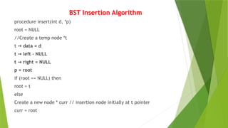 BST Insertion Algorithm
procedure insert(int d, *p)
root = NULL
//Create a temp node *t
t data = d
→
t left – NULL
→
t right = NULL
→
p = root
if (root == NULL) then
root = t
else
Create a new node * curr // insertion node initially at t pointer
curr = root
 