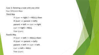 Case 2: Deleting a node with one child
Four Different Ways
Third Way
if (curr right ! = NULL) then
→
if (curr == parent left)
→
parent left ==
→ curr right
→
curr right = NULL
→
free (curr)
Fourth Way
if (curr left ! = NULL) then
→
if (curr == parent left)
→
parent left ==
→ curr left
→
curr left = NULL
→
free (curr)
 