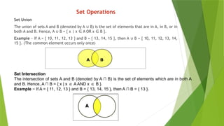 Set Operations
Set Union
The union of sets A and B (denoted by A B) is the set of elements that are in A, in B, or in
∪
both A and B. Hence, A B = { x | x A OR x B }.
∪ ∈ ∈
Example − If A = { 10, 11, 12, 13 } and B = { 13, 14, 15 }, then A B = { 10, 11, 12, 13, 14,
∪
15 }. (The common element occurs only once)
Set Intersection
The intersection of sets A and B (denoted by A ∩ B) is the set of elements which are in both A
and B. Hence, A ∩ B = { x | x A AND x B }.
∈ ∈
Example − If A = { 11, 12, 13 } and B = { 13, 14, 15 }, then A ∩ B = { 13 }.
 