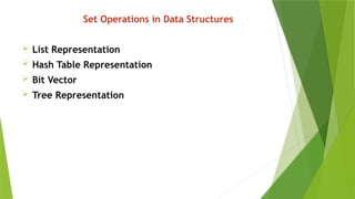 Set Operations in Data Structures
 List Representation
 Hash Table Representation
 Bit Vector
 Tree Representation
 
