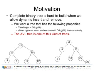 Motivation
• Complete binary tree is hard to build when we
allow dynamic insert and remove.
– We want a tree that has the following properties
• Tree height = O(log(N))
• allows dynamic insert and remove with O(log(N)) time complexity.
– The AVL tree is one of this kind of trees.
13
5
3 8
20
18 22
8
5
3
18
13 20
22
 