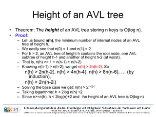 Height of an AVL tree
• Theorem: The height of an AVL tree storing n keys is O(log n).
• Proof:
– Let us bound n(h), the minimum number of internal nodes of an AVL
tree of height h.
– We easily see that n(0) = 1 and n(1) = 2
– For h > 2, an AVL tree of height h contains the root node, one AVL
subtree of height h-1 and another of height h-2 (at worst).
– That is, n(h) >= 1 + n(h-1) + n(h-2)
– Knowing n(h-1) > n(h-2), we get n(h) > 2n(h-2). So
n(h) > 2n(h-2), n(h) > 4n(h-4), n(h) > 8n(n-6), … (by
induction),
n(h) > 2in(h-2i)
– Solving the base case we get: n(h) > 2 h/2-1
– Taking logarithms: h < 2log n(h) +2
– Since n>=n(h), h < 2log(n)+2 and the height of an AVL tree is O(log n)
 