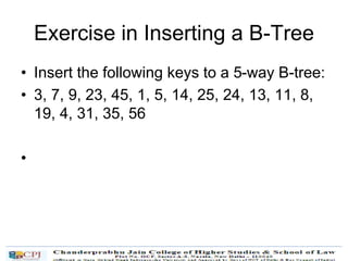 Exercise in Inserting a B-Tree
• Insert the following keys to a 5-way B-tree:
• 3, 7, 9, 23, 45, 1, 5, 14, 25, 24, 13, 11, 8,
19, 4, 31, 35, 56
•
 
