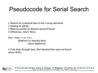 Pseudocode for Serial Search
// Search for a desired item in the n array elements
// starting at a[first].
// Returns pointer to desired record if found.
// Otherwise, return NULL
…
for(i = first; i < n; ++i )
if(a[first+i] is desired item)
return &a[first+i];
// if we drop through loop, then desired item was not found
return NULL;
 