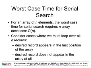 Worst Case Time for Serial
Search
• For an array of n elements, the worst case
time for serial search requires n array
accesses: O(n).
• Consider cases where we must loop over all
n records:
– desired record appears in the last position
of the array
– desired record does not appear in the
array at all
 