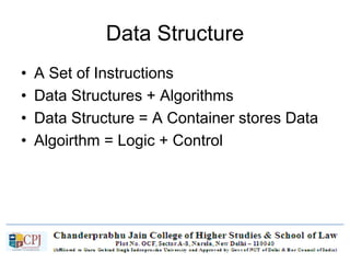 Data Structure
• A Set of Instructions
• Data Structures + Algorithms
• Data Structure = A Container stores Data
• Algoirthm = Logic + Control
 