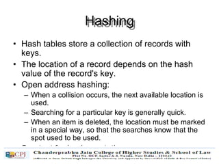 Hashing
• Hash tables store a collection of records with
keys.
• The location of a record depends on the hash
value of the record's key.
• Open address hashing:
– When a collision occurs, the next available location is
used.
– Searching for a particular key is generally quick.
– When an item is deleted, the location must be marked
in a special way, so that the searches know that the
spot used to be used.
• See text for implementation.
 