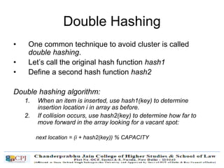 Double Hashing
• One common technique to avoid cluster is called
double hashing.
• Let’s call the original hash function hash1
• Define a second hash function hash2
Double hashing algorithm:
1. When an item is inserted, use hash1(key) to determine
insertion location i in array as before.
2. If collision occurs, use hash2(key) to determine how far to
move forward in the array looking for a vacant spot:
next location = (i + hash2(key)) % CAPACITY
 