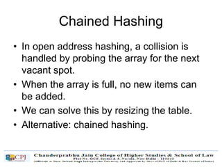 Chained Hashing
• In open address hashing, a collision is
handled by probing the array for the next
vacant spot.
• When the array is full, no new items can
be added.
• We can solve this by resizing the table.
• Alternative: chained hashing.
 
