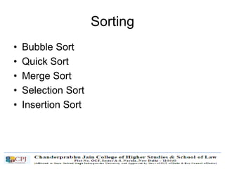 Sorting
• Bubble Sort
• Quick Sort
• Merge Sort
• Selection Sort
• Insertion Sort
 