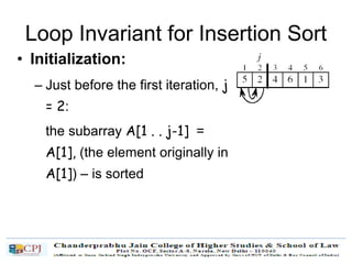 Loop Invariant for Insertion Sort
• Initialization:
– Just before the first iteration, j
= 2:
the subarray A[1 . . j-1] =
A[1], (the element originally in
A[1]) – is sorted
 