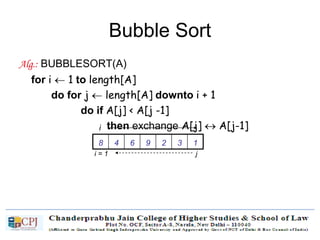 Bubble Sort
Alg.: BUBBLESORT(A)
for i  1 to length[A]
do for j  length[A] downto i + 1
do if A[j] < A[j -1]
then exchange A[j]  A[j-1]
1329648
i = 1 j
i
 