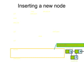 Inserting a new node
Node* List::InsertNode(int index, double x) {
if (index < 0) return NULL;
int currIndex = 1;
Node* currNode = head;
while (currNode && index > currIndex) {
currNode = currNode->next;
currIndex++;
}
if (index > 0 && currNode == NULL) return NULL;
Node* newNode = new Node;
newNode->data = x;
if (index == 0) {
newNode->next = head;
head = newNode;
}
else {
newNode->next = currNode->next;
currNode->next = newNode;
}
return newNode;
}
Insert after currNode
newNode
currNode
 