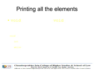 Printing all the elements
• void DisplayList(void)
– Print the data of all the elements
– Print the number of the nodes in the list
void List::DisplayList()
{
int num = 0;
Node* currNode = head;
while (currNode != NULL){
cout << currNode->data << endl;
currNode = currNode->next;
num++;
}
cout << "Number of nodes in the list: " << num << endl;
}
 