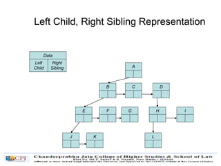 Left Child, Right Sibling Representation
Data
Left
Child
Right
Sibling A
B C D
IHGFE
J K L
 
