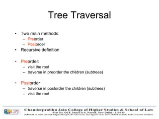 Tree Traversal
• Two main methods:
– Preorder
– Postorder
• Recursive definition
• Preorder:
– visit the root
– traverse in preorder the children (subtrees)
• Postorder
– traverse in postorder the children (subtrees)
– visit the root
 