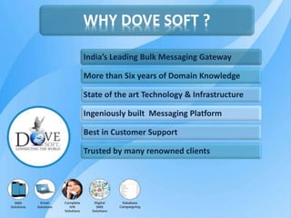 WHY DOVE SOFT ?
India’s Leading Bulk Messaging Gateway
More than Six years of Domain Knowledge
State of the art Technology & Infrastructure
Ingeniously built Messaging Platform
Best in Customer Support
Trusted by many renowned clients
 