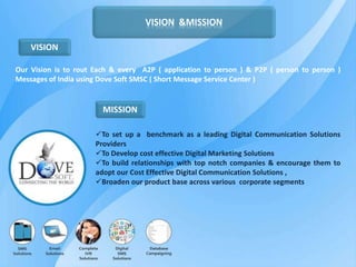 Our Vision is to rout Each & every A2P ( application to person ) & P2P ( person to person )
Messages of India using Dove Soft SMSC ( Short Message Service Center )
VISION &MISSION
MISSION
VISION
To set up a benchmark as a leading Digital Communication Solutions
Providers
To Develop cost effective Digital Marketing Solutions
To build relationships with top notch companies & encourage them to
adopt our Cost Effective Digital Communication Solutions ,
Broaden our product base across various corporate segments
 