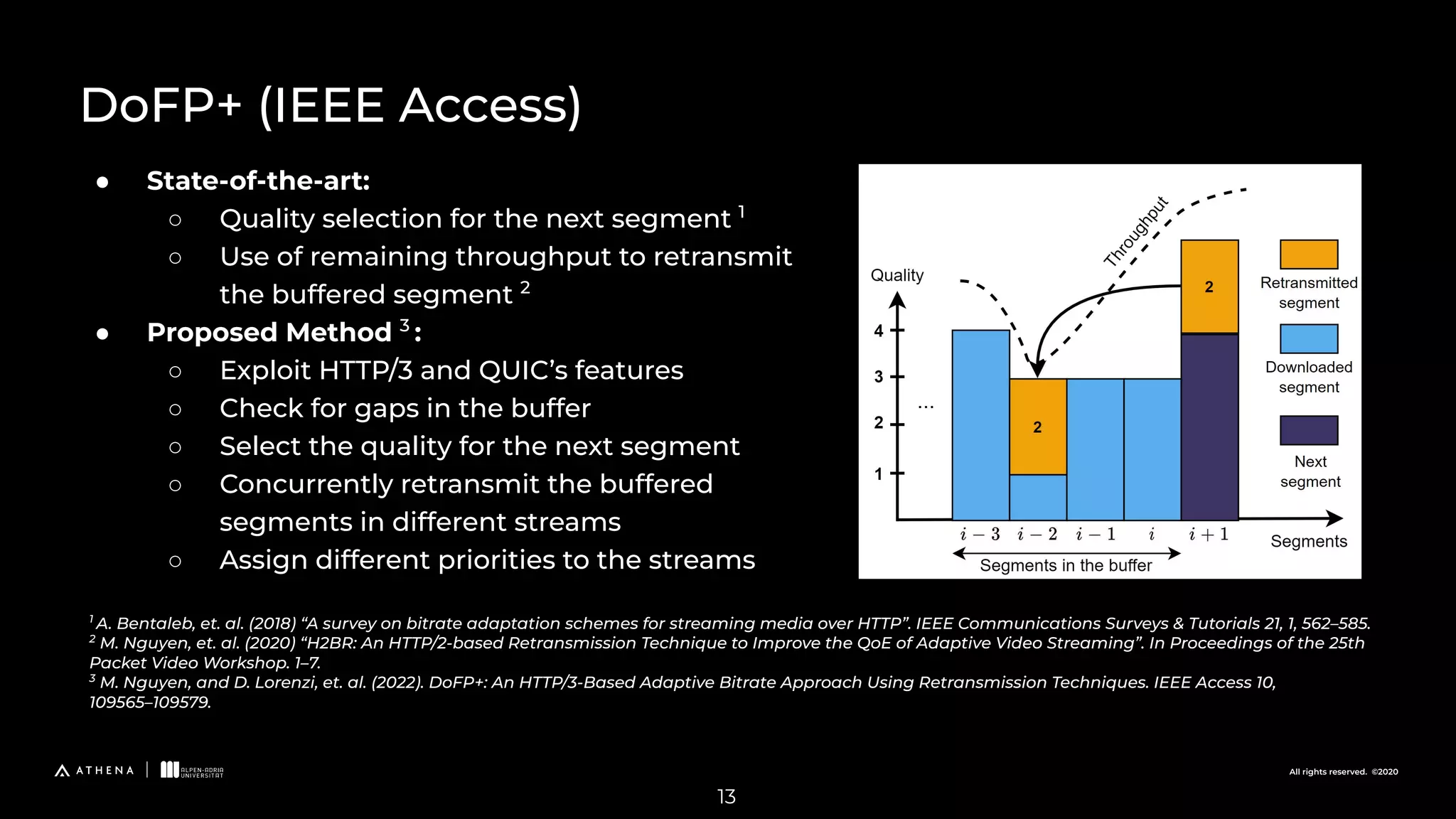 All rights reserved. ©2020
● State-of-the-art:
○ Quality selection for the next segment 1
○ Use of remaining throughput to retransmit
the buffered segment 2
● Proposed Method 3
:
○ Exploit HTTP/3 and QUIC’s features
○ Check for gaps in the buffer
○ Select the quality for the next segment
○ Concurrently retransmit the buffered
segments in different streams
○ Assign different priorities to the streams
1
A. Bentaleb, et. al. (2018) “A survey on bitrate adaptation schemes for streaming media over HTTP”. IEEE Communications Surveys & Tutorials 21, 1, 562–585.
2
M. Nguyen, et. al. (2020) “H2BR: An HTTP/2-based Retransmission Technique to Improve the QoE of Adaptive Video Streaming”. In Proceedings of the 25th
Packet Video Workshop. 1–7.
3
M. Nguyen, and D. Lorenzi, et. al. (2022). DoFP+: An HTTP/3-Based Adaptive Bitrate Approach Using Retransmission Techniques. IEEE Access 10,
109565–109579.
13
DoFP+ (IEEE Access)
 