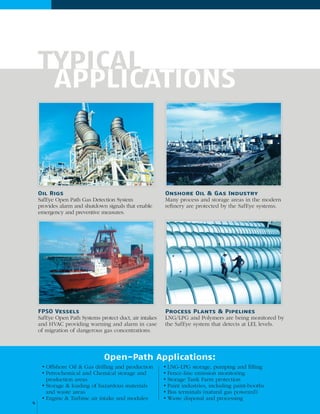 TYPICAL
APPLICATIONS
Open-Path Applications:
•	Offshore Oil & Gas drilling and production
•	Petrochemical and Chemical storage and
production areas
•	Storage & loading of hazardous materials
and waste areas
•	Engine & Turbine air intake and modules
•	LNG-LPG storage, pumping and filling
•	Fence-line emission monitoring
•	Storage Tank Farm protection
•	Paint industries, including paint-booths
•	Bus terminals (natural gas powered)
•	Waste disposal and processing
Oil Rigs
SafEye Open Path Gas Detection System
provides alarm and shutdown signals that enable
emergency and preventive measures.
FPSO Vessels
SafEye Open Path Systems protect duct, air intakes
and HVAC providing warning and alarm in case
of migration of dangerous gas concentrations.
Onshore Oil & Gas Industry
Many process and storage areas in the modern
refinery are protected by the SafEye systems.
Process Plants & Pipelines
LNG/LPG and Polymers are being monitored by
the SafEye system that detects at LEL levels.
4
 