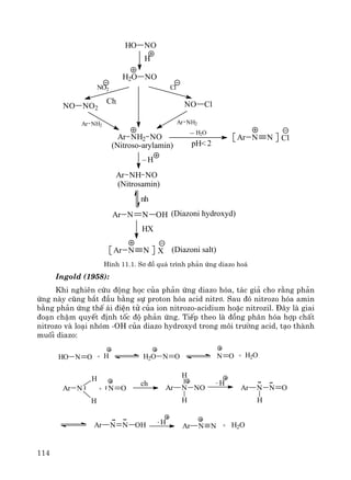 114
Ar N N
_ H2O
2pH<
Ar NH2Ar NH2
NO2 Cl
NO ClNO NO2
Ar NH2 NO
H2O NO
H
HO NO
Cl
(Nitroso-arylamin)
Ar NH NO
_ H
(Nitrosamin)
Ar N N OH
Ar N N X (Diazoni salt)
(Diazoni hydroxyd)
Ch
nh
HX
H×nh 11.1. S¬ ®å qu¸ tr×nh ph¶n øng diazo ho¸
Ingold (1958):
Khi nghiªn cøu ®éng häc cña ph¶n øng diazo hãa, t¸c gi¶ cho r»ng ph¶n
øng nμy còng b¾t ®Çu b»ng sù proton hãa acid nitr¬. Sau ®ã nitrozo hãa amin
b»ng ph¶n øng thÕ ¸i ®iÖn tö cña ion nitrozo-acidium hoÆc nitrozil. §©y lμ giai
®o¹n chËm quyÕt ®Þnh tèc ®é ph¶n øng. TiÕp theo lμ ®ång ph©n hãa hîp chÊt
nitrozo vμ lo¹i nhãm -OH cña diazo hydroxyd trong m«i tr−êng acid, t¹o thμnh
muèi diazo:
HO N O + H H2O N O N O + H2O
Ar N NO
H
H
H
Ar N N
H
OAr N
H
H
+ N O
ch
Ar N N OH
-
H-
Ar N N + H2O
 