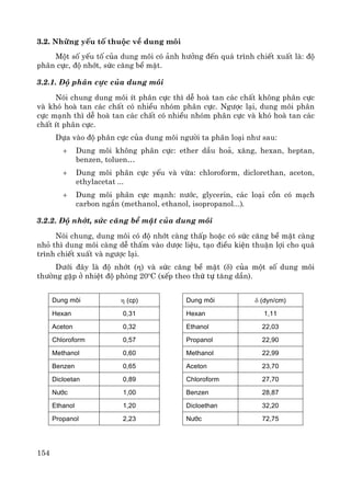 154
3.2. Nh÷ng yÕu tè thuéc vÒ dung m«i
Mét sè yÕu tè cña dung m«i cã ¶nh h−ëng ®Õn qu¸ tr×nh chiÕt xuÊt lμ: ®é
ph©n cùc, ®é nhít, søc c¨ng bÒ mÆt.
3.2.1. §é ph©n cùc cña dung m«i
Nãi chung dung m«i Ýt ph©n cùc th× dÔ hoμ tan c¸c chÊt kh«ng ph©n cùc
vμ khã hoμ tan c¸c chÊt cã nhiÒu nhãm ph©n cùc. Ng−îc l¹i, dung m«i ph©n
cùc m¹nh th× dÔ hoμ tan c¸c chÊt cã nhiÒu nhãm ph©n cùc vμ khã hoμ tan c¸c
chÊt Ýt ph©n cùc.
Dùa vμo ®é ph©n cùc cña dung m«i ng−êi ta ph©n lo¹i nh− sau:
+ Dung m«i kh«ng ph©n cùc: ether dÇu ho¶, x¨ng, hexan, heptan,
benzen, toluen…
+ Dung m«i ph©n cùc yÕu vμ võa: chloroform, diclorethan, aceton,
ethylacetat ...
+ Dung m«i ph©n cùc m¹nh: n−íc, glycerin, c¸c lo¹i cån cã m¹ch
carbon ng¾n (methanol, ethanol, isopropanol...).
3.2.2. §é nhít, søc c¨ng bÒ mÆt cña dung m«i
Nãi chung, dung m«i cã ®é nhít cμng thÊp hoÆc cã søc c¨ng bÒ mÆt cμng
nhá th× dung m«i cμng dÔ thÊm vμo d−îc liÖu, t¹o ®iÒu kiÖn thuËn lîi cho qu¸
tr×nh chiÕt xuÊt vμ ng−îc l¹i.
D−íi ®©y lμ ®é nhít (η) vμ søc c¨ng bÒ mÆt (δ) cña mét sè dung m«i
th−êng gÆp ë nhiÖt ®é phßng 20o
C (xÕp theo thø tù t¨ng dÇn).
Dung m«i η (cp) Dung m«i δ (dyn/cm)
Hexan 0,31 Hexan 1,11
Aceton 0,32 Ethanol 22,03
Chloroform 0,57 Propanol 22,90
Methanol 0,60 Methanol 22,99
Benzen 0,65 Aceton 23,70
Dicloetan 0,89 Chloroform 27,70
N−íc 1,00 Benzen 28,87
Ethanol 1,20 Dicloethan 32,20
Propanol 2,23 N−íc 72,75
 