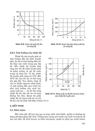 187
2.2.7. ¶nh h−ëng cña nhiÖt ®é
NhiÖt ®é cña huyÒn phï cã
¶nh h−ëng ®Õn ®é nhít huyÒn
phï, do ®ã cã ¶nh h−ëng ®Õn tèc
®é ch¶y cña n−íc trong qua líp
b·. Khi nhiÖt ®é huyÒn phï
t¨ng lªn th× ®é nhít huyÒn phï
sÏ gi¶m xuèng vμ tèc ®é n−íc
trong sÏ t¨ng lªn. VÝ dô: nhiÖt
®é huyÒn phï t¨ng tõ 100
C ®Õn
400
C th× vËn tèc läc cã thÓ t¨ng
lªn gÊp ®«i. Tuy nhiªn, thùc tÕ
cßn cã nhiÒu nguyªn nh©n kh¸c
cã ¶nh h−ëng ®Õn qu¸ tr×nh läc
nh− ¶nh h−ëng cña v¸ch läc,
n¨ng suÊt läc,…. do ®ã khi t¨ng
nhiÖt ®é th× vËn tèc läc sÏ t¨ng
kh«ng lín l¾m. Quan hÖ gi÷a
nhiÖt ®é víi n¨ng suÊt läc vμ víi
®é Èm cña b· ®−îc thÓ hiÖn ë h×nh 15.11.
3. KÕt tinh
3.1. Kh¸i niÖm
Khi tinh chÕ, ®Ó lo¹i t¹p t¹o ra ho¹t chÊt tinh khiÕt, ng−êi ta th−êng ¸p
dông ph−¬ng ph¸p kÕt tinh. Ch¼ng h¹n trong qu¸ tr×nh s¶n xuÊt strychnin tõ
h¹t m· tiÒn, ®Ó t¸ch brucin ra khái strychnin, ng−êi ta ph¶i t¹o muèi nitrat
H×nh 15.9. Quan hÖ gi÷a ®é Èm
vµ nång ®é
H×nh 15.10. Quan hÖ gi÷a n¨ng suÊt läc
vµ nång ®é
H×nh 15.11. N¨ng suÊt vµ ®é Èm b· phô thuéc
vµo nhiÖt ®é huyÒn phï
 