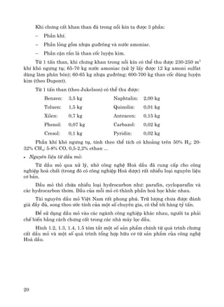 20
Khi ch−ng cÊt khan than ®¸ trong nåi kÝn ta ®−îc 3 phÇn:
− PhÇn khÝ.
− PhÇn láng gåm nhùa gu®r«ng vμ n−íc amoniac.
− PhÇn cÆn r¾n lμ than cèc luyÖn kim.
Tõ 1 tÊn than, khi ch−ng khan trong nåi kÝn cã thÓ thu ®−îc 230-250 m3
khÝ khã ng−ng tô; 65-70 kg n−íc amoniac (xö lý lÊy ®−îc 12 kg amoni sulfat
dïng lμm ph©n bãn); 60-65 kg nhùa gu®r«ng; 600-700 kg than cèc dïng luyÖn
kim (theo Dupont).
Tõ 1 tÊn than (theo Jukelson) cã thÓ thu ®−îc:
Benzen: 3,5 kg Naphtalin: 2,00 kg
Toluen: 1,5 kg Quinolin: 0,01 kg
Xilen: 0,7 kg Antracen: 0,15 kg
Phenol: 0,07 kg Carbazol: 0,02 kg
Cresol: 0,1 kg Pyridin: 0,02 kg
PhÇn khÝ khã ng−ng tô, tÝnh theo thÓ tÝch cã kho¶ng trªn 50% H2; 20-
32% CH4; 5-8% CO, 0,5-2,2% ethan ...
• Nguyªn liÖu tõ dÇu má:
Tõ dÇu má qua xö lý, nhê c«ng nghÖ Ho¸ dÇu ®· cung cÊp cho c«ng
nghiÖp ho¸ chÊt (trong ®ã cã c«ng nghiÖp Ho¸ d−îc) rÊt nhiÒu lo¹i nguyªn liÖu
c¬ b¶n.
DÇu má th« chøa nhiÒu lo¹i hydrocarbon nh−: parafin, cycloparafin vμ
c¸c hydrocarbon th¬m. DÇu cña mçi má cã thμnh phÇn ho¸ häc kh¸c nhau.
Tμi nguyªn dÇu má ViÖt Nam rÊt phong phó. Tr÷ l−îng ch−a ®−îc ®¸nh
gi¸ ®Çy ®ñ, song theo −íc tÝnh cña mét sè chuyªn gia, cã thÓ tíi hμng tû tÊn.
§Ó sö dông dÇu má vμo c¸c ngμnh c«ng nghiÖp kh¸c nhau, ng−êi ta ph¶i
chÕ biÕn b»ng c¸ch ch−ng cÊt trong c¸c nhμ m¸y läc dÇu.
H×nh 1.2, 1.3, 1.4, 1.5 tãm t¾t mét sè s¶n phÈm chÝnh tõ qu¸ tr×nh ch−ng
cÊt dÇu má vμ mét sè qu¸ tr×nh tæng hîp h÷u c¬ tõ s¶n phÈm cña c«ng nghÖ
Ho¸ dÇu.
 