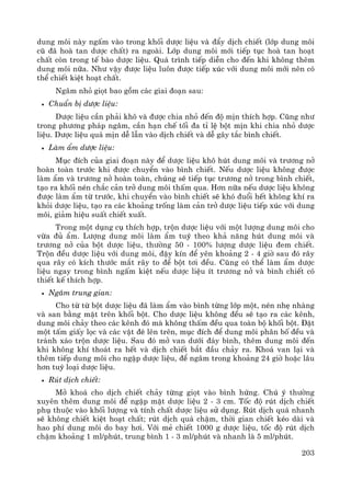 203
dung m«i nμy ngÊm vμo trong khèi d−îc liÖu vμ ®Èy dÞch chiÕt (líp dung m«i
cò ®· hoμ tan d−îc chÊt) ra ngoμi. Líp dung m«i míi tiÕp tôc hoμ tan ho¹t
chÊt cßn trong tÕ bμo d−îc liÖu. Qu¸ tr×nh tiÕp diÔn cho ®Õn khi kh«ng thªm
dung m«i n÷a. Nh− vËy ®−îc liÖu lu«n ®−îc tiÕp xóc víi dung m«i míi nªn cã
thÓ chiÕt kiÖt ho¹t chÊt.
Ng©m nhá giät bao gåm c¸c giai ®o¹n sau:
• ChuÈn bÞ d−îc liÖu:
D−îc liÖu cÇn ph¶i kh« vμ ®−îc chia nhá ®Õn ®é mÞn thÝch hîp. Còng nh−
trong ph−¬ng ph¸p ng©m, cÇn h¹n chÕ tèi ®a tØ lÖ bét mÞn khi chia nhá d−îc
liÖu. D−îc liÖu qu¸ mÞn dÔ lÉn vμo dÞch chiÕt vμ dÔ g©y t¾c b×nh chiÕt.
• Lμm Èm d−îc liÖu:
Môc ®Ých cña giai ®o¹n nμy ®Ó d−îc liÖu kh« hót dung m«i vμ tr−¬ng në
hoμn toμn tr−íc khi ®−îc chuyÓn vμo b×nh chiÕt. NÕu d−îc liÖu kh«ng ®−îc
lμm Èm vμ tr−¬ng në hoμn toμn, chóng sÏ tiÕp tôc tr−¬ng në trong b×nh chiÕt,
t¹o ra khèi nÐn ch¾c c¶n trë dung m«i thÊm qua. H¬n n÷a nÕu d−îc liÖu kh«ng
®−îc lμm Èm tõ tr−íc, khi chuyÓn vμo b×nh chiÕt sÏ khã ®uæi hÕt kh«ng khÝ ra
khái d−îc liÖu, t¹o ra c¸c kho¶ng trèng lμm c¶n trë d−îc liÖu tiÕp xóc víi dung
m«i, gi¶m hiÖu suÊt chiÕt xuÊt.
Trong mét dông cô thÝch hîp, trén d−îc liÖu víi mét l−îng dung m«i cho
võa ®ñ Èm. L−îng dung m«i lμm Èm tuú theo kh¶ n¨ng hót dung m«i vμ
tr−¬ng në cña bét d−îc liÖu, th−êng 50 - 100% l−îng d−îc liÖu ®em chiÕt.
Trén ®Òu d−îc liÖu víi dung m«i, ®Ëy kÝn ®Ó yªn kho¶ng 2 - 4 giê sau ®ã r©y
qua r©y cã kÝch th−íc m¾t r©y to ®Ó bét t¬i ®Òu. Còng cã thÓ lμm Èm d−îc
liÖu ngay trong b×nh ngÊm kiÖt nÕu d−îc liÖu Ýt tr−¬ng në vμ b×nh chiÕt cã
thiÕt kÕ thÝch hîp.
• Ng©m trung gian:
Cho tõ tõ bét d−îc liÖu ®· lμm Èm vμo b×nh tõng líp mét, nÐn nhÑ nhμng
vμ san b»ng mÆt trªn khèi bét. Cho d−îc liÖu kh«ng ®Òu sÏ t¹o ra c¸c kªnh,
dung m«i ch¶y theo c¸c kªnh ®ã mμ kh«ng thÊm ®Òu qua toμn bé khèi bét. §Æt
mét tÊm giÊy läc vμ c¸c vËt ®Ì lªn trªn, môc ®Ých ®Ó dung m«i ph©n bè ®Òu vμ
tr¸nh x¸o trén d−îc liÖu. Sau ®ã më van d−íi ®¸y b×nh, thªm dung m«i ®Õn
khi kh«ng khÝ tho¸t ra hÕt vμ dÞch chiÕt b¾t ®Çu ch¶y ra. Kho¸ van l¹i vμ
thªm tiÕp dung m«i cho ngËp d−îc liÖu, ®Ó ng©m trong kho¶ng 24 giê hoÆc l©u
h¬n tuú lo¹i d−îc liÖu.
• Rót dÞch chiÕt:
Më kho¸ cho dÞch chiÕt ch¶y tõng giät vμo b×nh høng. Chó ý th−êng
xuyªn thªm dung m«i ®Ó ngËp mÆt d−îc liÖu 2 - 3 cm. Tèc ®é rót dÞch chiÕt
phô thuéc vμo khèi l−îng vμ tÝnh chÊt d−îc liÖu sö dông. Rót dÞch qu¸ nhanh
sÏ kh«ng chiÕt kiÖt ho¹t chÊt; rót dÞch qu¸ chËm, thêi gian chiÕt kÐo dμi vμ
hao phÝ dung m«i do bay h¬i. Víi mÎ chiÕt 1000 g d−îc liÖu, tèc ®é rót dÞch
chËm kho¶ng 1 ml/phót, trung b×nh 1 - 3 ml/phót vμ nhanh lμ 5 ml/phót.
 