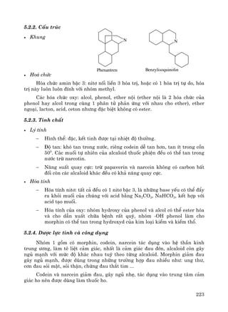 223
5.2.2. CÊu tróc
• Khung
• Ho¸ chøc
Hãa chøc amin bËc 3: nit¬ nèi liÒn 3 hãa trÞ, hoÆc cã 1 hãa trÞ tù do, hãa
trÞ nμy lu«n lu«n ®Ýnh víi nhãm methyl.
C¸c hãa chøc oxy: alcol, phenol, ether néi (ether néi lμ 2 hãa chøc cña
phenol hay alcol trong cïng 1 ph©n tö ph¶n øng víi nhau cho ether), ether
ngo¹i, lacton, acid, ceton nh−ng ®Æc biÖt kh«ng cã ester.
5.2.3. TÝnh chÊt
• Lý tÝnh
− H×nh thÓ: ®Æc, kÕt tinh ®−îc t¹i nhiÖt ®é th−êng.
− §é tan: khã tan trong n−íc, riªng codein dÔ tan h¬n, tan Ýt trong cån
500
. C¸c muèi tù nhiªn cña alcaloid thuèc phiÖn ®Òu cã thÓ tan trong
n−íc trõ narcotin.
− N¨ng suÊt quay cùc: trõ papaverin vμ narcein kh«ng cã carbon bÊt
®èi cßn c¸c alcaloid kh¸c ®Òu cã kh¶ n¨ng quay cùc.
• Hãa tÝnh
− Hãa tÝnh nit¬: tÊt c¶ ®Òu cã 1 nit¬ bËc 3, lμ nh÷ng base yÕu cã thÓ ®Èy
ra khái muèi cña chóng víi acid b»ng Na2CO3, NaHCO3, kÕt hîp víi
acid t¹o muèi.
− Hãa tÝnh cña oxy: nhãm hydroxy cña phenol vμ alcol cã thÓ ester hãa
vμ cho dÉn xuÊt ch÷a bÖnh rÊt quý, nhãm -OH phenol lμm cho
morphin cã thÓ tan trong hydroxyd cña kim lo¹i kiÒm vμ kiÒm thæ.
5.2.4. D−îc lùc tÝnh vμ c«ng dông
Nhãm 1 gåm cã morphin, codein, narcein t¸c dông vμo hÖ thÇn kinh
trung −¬ng, lμm tª liÖt c¶m gi¸c, nhÊt lμ c¶m gi¸c ®au ®ín, alcaloid cßn g©y
ngñ m¹nh víi møc ®é kh¸c nhau tuú theo tõng alcaloid. Morphin gi¶m ®au
g©y ngñ m¹nh, ®−îc dïng trong nh÷ng tr−êng hîp ®au nhiÒu nh−: ung th−,
c¬n ®au sái mËt, sái thËn, chøng ®au th¾t tim ...
Codein vμ narcein gi¶m ®au, g©y ngñ nhÑ, t¸c dông vμo trung t©m c¶m
gi¸c ho nªn ®−îc dïng lμm thuèc ho.
N N
Phenantren Benzylisoquinolin
 