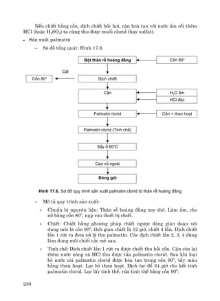 230
NÕu chiÕt b»ng cån, dÞch chiÕt bèc h¬i, cÆn hoμ tan víi n−íc Êm råi thªm
HCl (hoÆc H2SO4) ta còng thu ®−îc muèi clorid (hay sulfat).
• S¶n xuÊt palmatin
− S¬ ®å tæng qu¸t: H×nh 17.6.
Bét th©n rÔ hoµng ®»ng Cån 80o
CÊt
Cån 80o
DÞch chiÕt
CÆn H2O Êm
HCl ®Æc
Palmatin clorid Cån + than ho¹t
Palmatin clorid (Tinh chÕ)
SÊy ë 60o
C
C¹o vá ngoµi
§ãng gãi
H×nh 17.6. S¬ ®å quy tr×nh s¶n xuÊt palmatin clorid tõ th©n rÔ hoµng ®»ng
− M« t¶ quy tr×nh s¶n xuÊt:
+ ChuÈn bÞ nguyªn liÖu: Th©n rÔ hoμng ®»ng xay th«. Lμm Èm, cho
në b»ng cån 800
, n¹p vμo thiÕt bÞ chiÕt.
+ ChiÕt: ChiÕt b»ng ph−¬ng ph¸p chiÕt ng−îc dßng gi¸n ®o¹n víi
dung m«i lμ cån 800
, thêi gian chiÕt lμ 12 giê, chiÕt 4 lÇn. DÞch chiÕt
lÇn 1 rót ra ®em xö lý thu palmatin. C¸c dÞch chiÕt lÇn 2, 3, 4 dïng
lμm dung m«i chiÕt c¸c mÎ sau.
+ Tinh chÕ: DÞch chiÕt lÇn 1 rót ra ®−îc chiÕt thu håi cån. CÆn cßn l¹i
thªm n−íc nãng vμ HCl thu ®−îc tña palmatin clorid. Sau khi lo¹i
bá n−íc c¸i palmatin clorid ®−îc hßa tan trong cån 900
, tÈy mμu
b»ng than ho¹t. Läc bá than ho¹t. DÞch läc ®Ó 24 giê cho kÕt tinh
palmatin clorid. Läc lÊy tinh thÓ, röa tinh thÓ b»ng cån 900
.
 