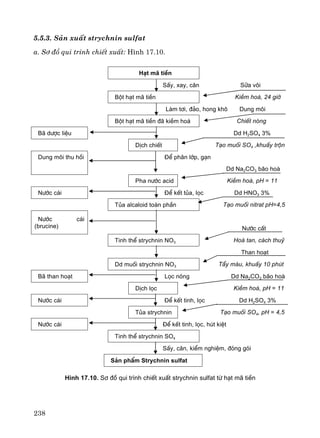 238
5.5.3. S¶n xuÊt strychnin sulfat
a. S¬ ®å qui tr×nh chiÕt xuÊt: H×nh 17.10.
H¹t m∙ tiÒn
SÊy, xay, c©n S÷a v«i
Bét h¹t m· tiÒn KiÒm ho¸, 24 giê
Lµm t¬i, ®¶o, hong kh« Dung m«i
Bét h¹t m· tiÒn ®· kiÒm ho¸ ChiÕt nãng
B· d−îc liÖu Dd H2SO4 3%
DÞch chiÕt T¹o muèi SO4 ,khuÊy trén
Dung m«i thu håi §Ó ph©n líp, g¹n
Dd Na2CO3 b·o hoµ
Pha n−íc acid KiÒm ho¸, pH = 11
N−íc c¸i §Ó kÕt tña, läc Dd HNO3 3%
Tña alcaloid toµn phÇn T¹o muèi nitrat pH=4,5
N−íc c¸i
(brucine) N−íc cÊt
Tinh thÓ strychnin NO3 Hoμ tan, c¸ch thuû
Than ho¹t
Dd muèi strychnin NO3 TÈy mμu, khuÊy 10 phót
B· than ho¹t Läc nãng Dd Na2CO3 b·o hoµ
DÞch läc KiÒm ho¸, pH = 11
N−íc c¸i §Ó kÕt tinh, läc Dd H2SO4 3%
Tña strychnin T¹o muèi SO4, pH = 4,5
N−íc c¸i §Ó kÕt tinh, läc, hót kiÖt
Tinh thÓ strychnin SO4
SÊy, c©n, kiÓm nghiÖm, ®ãng gãi
S¶n phÈm Strychnin sulfat
H×nh 17.10. S¬ ®å qui tr×nh chiÕt xuÊt strychnin sulfat tõ h¹t m· tiÒn
 