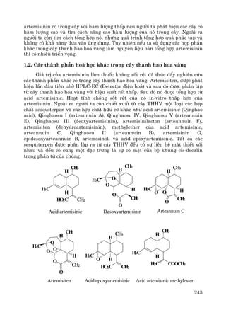 243
artemisinin cã trong c©y víi hμm l−îng thÊp nªn ng−êi ta ph¸t hiÖn c¸c c©y cã
hμm l−îng cao vμ t×m c¸ch n©ng cao hμm l−îng cña nã trong c©y. Ngoμi ra
ng−êi ta cßn t×m c¸ch tæng hîp nã, nh−ng qu¸ tr×nh tæng hîp qu¸ phøc t¹p vμ
kh«ng cã kh¶ n¨ng ®−a vμo øng dông. Tuy nhiªn nÕu ta sö dông c¸c hîp phÇn
kh¸c trong c©y thanh hao hoa vμng lμm nguyªn liÖu b¸n tæng hîp artemisinin
th× cã nhiÒu triÓn väng.
1.2. C¸c thμnh phÇn ho¸ häc kh¸c trong c©y thanh hao hoa vμng
Gi¸ trÞ cña artemisinin lμm thuèc kh¸ng sèt rÐt ®· thóc ®Èy nghiªn cøu
c¸c thμnh phÇn kh¸c cã trong c©y thanh hao hoa vμng. Artemisiten, ®−îc ph¸t
hiÖn lÇn ®Çu tiªn nhê HPLC-EC (Detector ®iÖn ho¸) vμ sau ®ã ®−îc ph©n lËp
tõ c©y thanh hao hoa vμng víi hiÖu suÊt rÊt thÊp. Sau ®ã nã ®−îc tæng hîp tõ
acid artemisinic. Ho¹t tÝnh chèng sèt rÐt cña nã in-vitro thÊp h¬n cña
artemisinin. Ngoμi ra ng−êi ta cßn chiÕt xuÊt tõ c©y THHV mét lo¹t c¸c hîp
chÊt sesquiterpen vμ c¸c hîp chÊt h÷u c¬ kh¸c nh− acid artemisinic (Qinghao
acid), Qinghaosu I (arteannuin A), Qinghaosu IV, Qinghaosu V (arteannuin
E), Qinghaosu III (deoxyartemisinin), artemisinilacton (arteannuin F),
artemisiten (dehydroartemisinin), methylether cña acid artemisinic,
arteannuin C, Qinghaosu II (arteannuin B), artemisinin G,
epidesoxyarteannuin B, artemisinol, vμ acid epoxyartemisinic. TÊt c¶ c¸c
sesquiterpen ®−îc ph©n lËp ra tõ c©y THHV ®Òu cã sù liªn hÖ mËt thiÕt víi
nhau vμ ®Òu cã cïng mét ®Æc tr−ng lμ sù cã mÆt cña bé khung cis-decalin
trong ph©n tö cña chóng.
Acid artemisinic Desoxyartemisinin Arteannuin C
CH2HO2C
H3C
H
CH3
H O
O
OH3C
CH3
CH3
H
H
O
H3C
H
CH3
O HO
O
CH2
Artemisiten Acid epoxyartemisinic Acid artemisinic methylester
O
O O
O
H3C
CH3
H
H
O
CH2 CH2HO2C
H3C
H
CH3
HO
H3C
H
CH3
H
H2C COOCH3
 