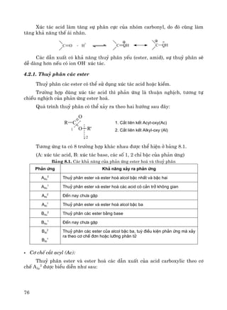 76
Xóc t¸c acid lμm t¨ng sù ph©n cùc cña nhãm carbonyl, do ®ã còng lμm
t¨ng kh¶ n¨ng thÕ ¸i nh©n.
C O + H
+
C OH C OH
C¸c dÉn xuÊt cã kh¶ n¨ng thuû ph©n yÕu (ester, amid), sù thuû ph©n sÏ
dÔ dμng h¬n nÕu cã ion OH-
xóc t¸c.
4.2.1. Thuû ph©n c¸c ester
Thuû ph©n c¸c ester cã thÓ sö dông xóc t¸c acid hoÆc kiÒm.
Tr−êng hîp dïng xóc t¸c acid th× ph¶n øng lμ thuËn nghÞch, t−¬ng tù
chiÒu nghÞch cña ph¶n øng ester ho¸.
Qu¸ tr×nh thuû ph©n cã thÓ x¶y ra theo hai h−íng sau ®©y:
1. C¾t liªn kÕt Acyl-oxy(Ac)
2. C¾t liªn kÕt Alkyl-oxy (Al)
T−¬ng øng ta cã 8 tr−êng hîp kh¸c nhau ®−îc thÓ hiÖn ë b¶ng 8.1.
(A: xóc t¸c acid, B: xóc t¸c base, c¸c sè 1, 2 chØ bËc cña ph¶n øng)
B¶ng 8.1. C¸c kh¶ n¨ng cña ph¶n øng ester ho¸ vμ thuû ph©n
Ph¶n øng Kh¶ n¨ng x¶y ra ph¶n øng
AAc
2
Thuû ph©n ester vµ ester ho¸ alcol bËc nhÊt vµ bËc hai
AAc
1
Thuû ph©n ester vµ ester ho¸ c¸c acid cã c¶n trë kh«ng gian
AAl
2
§Õn nay ch−a gÆp
AAl
1
Thuû ph©n ester vµ ester ho¸ alcol bËc ba
BAc
2
Thuû ph©n c¸c ester b»ng base
BAc
1
§Õn nay ch−a gÆp
BAl
2
BAl
1
Thuû ph©n c¸c ester cña alcol bËc ba, tuú ®iÒu kiÖn ph¶n øng mµ x¶y
ra theo c¬ chÕ ®¬n hoÆc l−ìng ph©n tö
C¬ chÕ c¾t acyl (Ac):
Thuû ph©n ester vμ ester ho¸ c¸c dÉn xuÊt cña acid carboxylic theo c¬
chÕ AAc
2
®−îc biÓu diÔn nh− sau:
R C
O
O R'
2
1
 