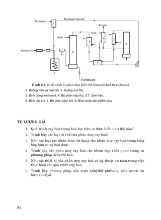 94
Methanol thu håi
Formalin
N−íc
N−íc
KhÝ th¶i
5
6 7
9
8
Methanol
3
1
42
Kh«ng khÝ u
H×nh 9.1. S¬ ®å thiÕt bÞ ph¶n øng ®iÒu chÕ formaldehyd tõ methanol
1. Buång trén vµ ho¸ h¬i, 2. Buång xóc t¸c,
3. B×nh ®ong methanol, 4. Bé phËn hÊp thô, 5.7. Sinh hµn,
6. B×nh röa khÝ, 8. Bé phËn t¸ch khÝ, 9. B×nh chøa s¶n phÈm phô
Tù l−îng gi¸
1. Qu¸ tr×nh oxy ho¸ trong ho¸ häc h÷u c¬ ®−îc hiÓu nh− thÕ nμo?
2. Tr×nh bμy c¸c lo¹i c¬ chÕ cña ph¶n øng oxy ho¸?
3. Nªu c¸c lo¹i t¸c nh©n ®−îc sö dông cho ph¶n øng oxy ho¸ trong tæng
hîp h÷u c¬ vμ ho¸ d−îc.
4. Tr×nh bμy c¸c ph¶n øng oxy ho¸ c¸c nhãm hîp chÊt quan träng vμ
ph−¬ng ph¸p dehydro ho¸.
5. Nªu c¸c thiÕt bÞ cña ph¶n øng oxy ho¸ vμ kü thuËt an toμn trong viÖc
thùc hiÖn c¸c qu¸ tr×nh oxy ho¸.
6. Tr×nh bμy ph−¬ng ph¸p s¶n xuÊt anhydid phthalic, acid acetic vμ
formaldehyd.
 