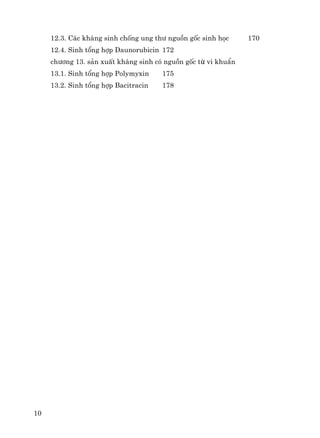 10
12.3. C¸c kh¸ng sinh chèng ung th− nguån gèc sinh häc 170
12.4. Sinh tæng hîp Daunorubicin 172
ch−¬ng 13. s¶n xuÊt kh¸ng sinh cã nguån gèc tõ vi khuÈn
13.1. Sinh tæng hîp Polymyxin 175
13.2. Sinh tæng hîp Bacitracin 178
 